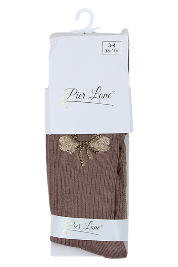 Bow and heart tights with rhinestones for girls, chocolate, Pier Lone 1516-81025-17