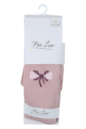 Girls' tights, powder pink, with a bow and rhinestone hearts, Pier Lone 1516-81025