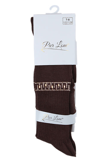 Girls' cotton tights with zigzag and rhinestones, chocolate Pier Lone 2008-81025-17