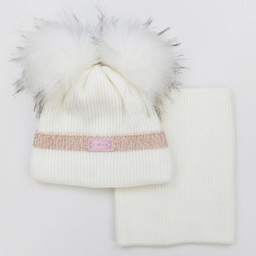 Set of a hat with a scarf with a pompom for girls, cream Ambra J-1-241024-28
