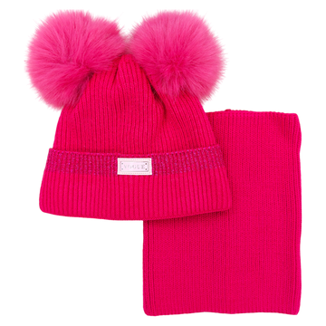 Set of a hat with a snood with a pompom for girls, fuchsia, Ambra J-1-241024-21