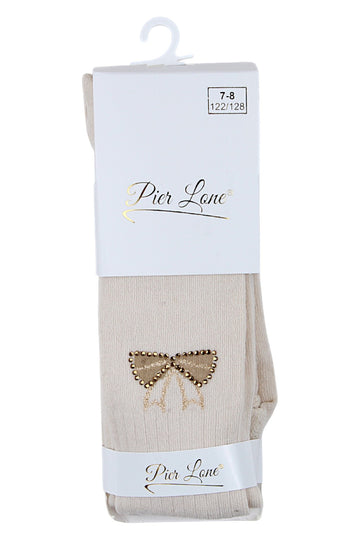 Girls' rhinestone bow tights, light beige, Pier Lone 2212-81025-61