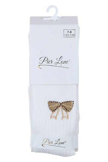 Cream girls' tights with a bow and rhinestones Pier Lone 2212-81025