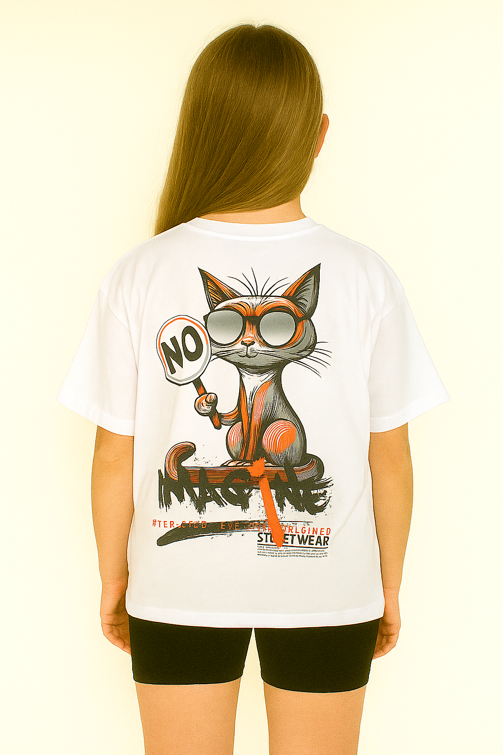 Cat oversize blouse for girls white Meybiy 2419-12625-3