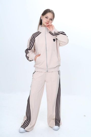 Girls' tracksuit, beige with stripes, VizViz 304-23725