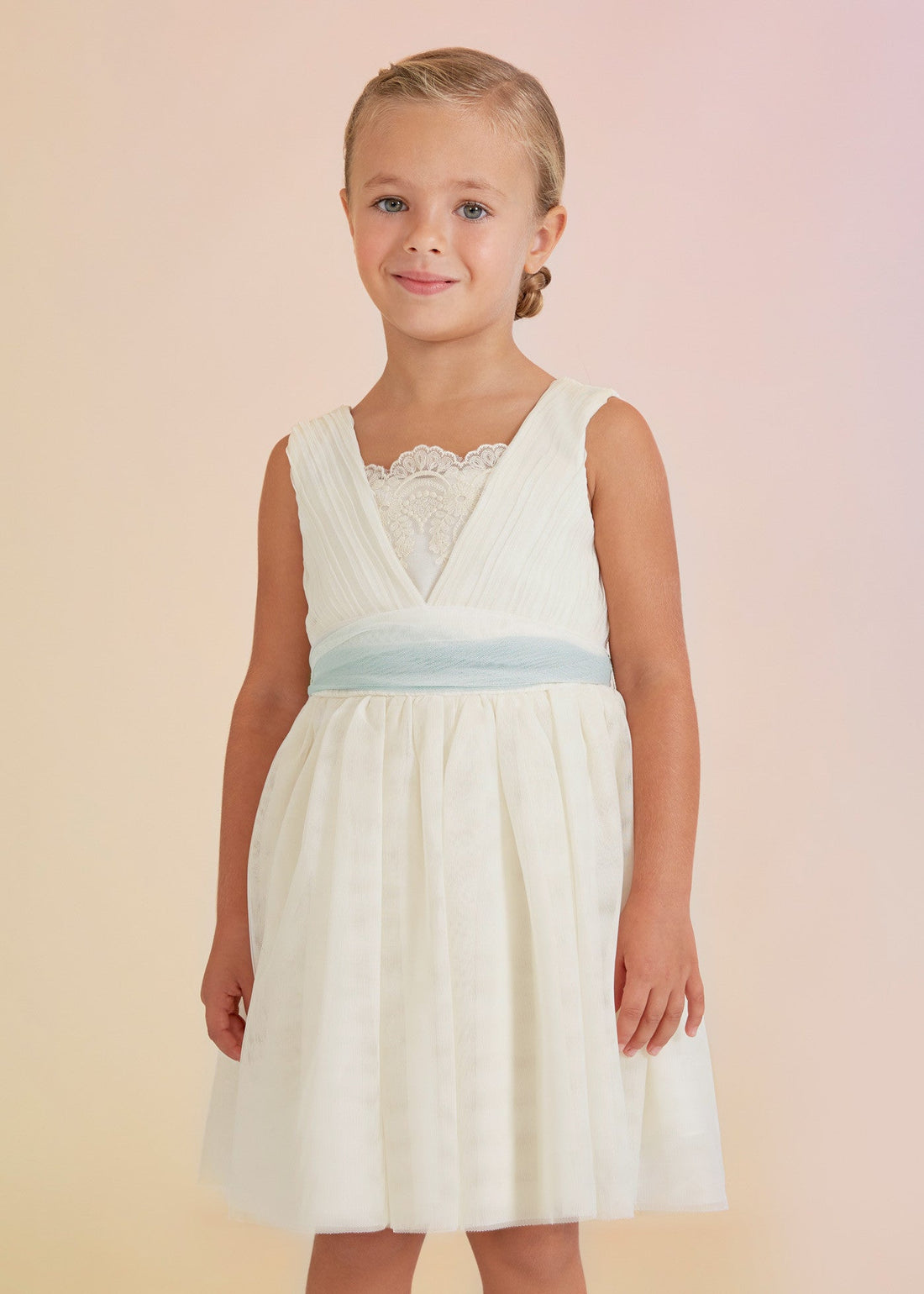 Abel & Lula 5033-4 Sukienka plisowana z tiulem dziewczynka kolor ecru-anise -  - #tag1# - #tag2# - #tag3# - #tag4#